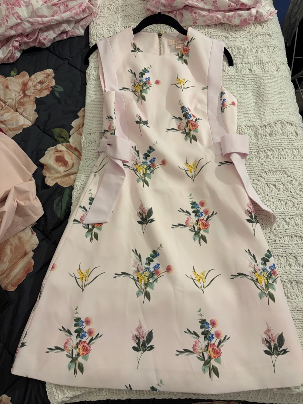 Ted Baker Pale Pink Floral Midi Dress with Side Bows